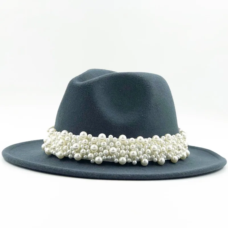 Горячая Женская шерстяная шляпа Fedora с жемчужная лента джентльмен элегантный Леди Зима Осень широкие полями церкви Панама Sombrero девушка джаз шляпа - Цвет: Gray1