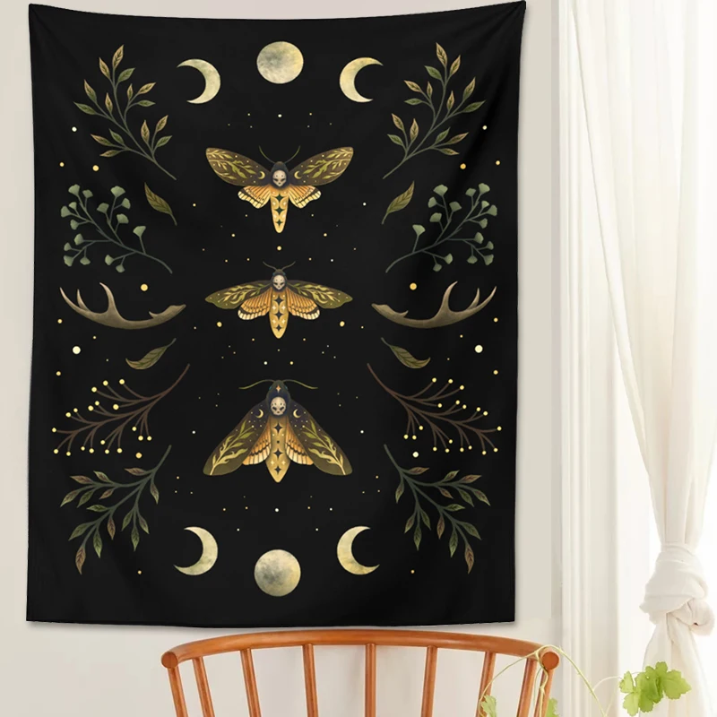 Tapestry Decorations Vintage Moon Phase Wall Hanging Tapestry Mooonlight Green Olive Leaf Black Tapestries Boho Room Art Home Decoration Accessories