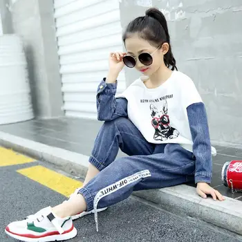 

Summer Kids Tracksuit Girls Costume Children's Clothing Patchwork Cartoon Top + Jeans Kids Sport Suits For Girls Clothes Set