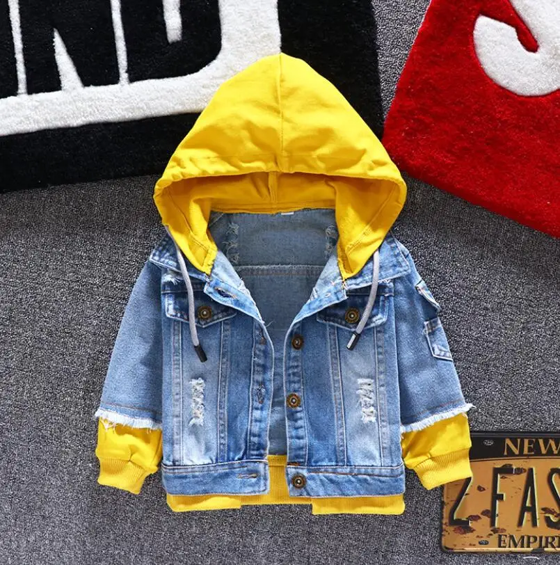 Outono com Capuz Esportivas para 1-6 Menino Menina Denim Jaquetas Crianças Moda Cabolsa Splice Outerwear Roupas Primavera t 4 Cheap Jaquetas e casacos