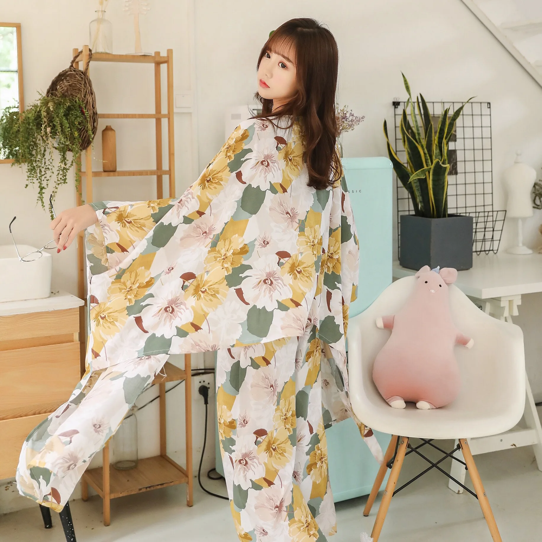 Весенне-осенние женские пижамы, комплекты из 4 предметов, женские пижамные комплекты, ночная рубашка, комплект одежды для сна, домашние пижамы с цветами
