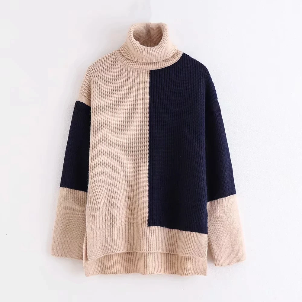 

Blue/black patchwork vintage Womens Pullovers long sleeve turtleneck Sweaters Winter Autumn chic Knit Jumpers zora Sweaters 2019