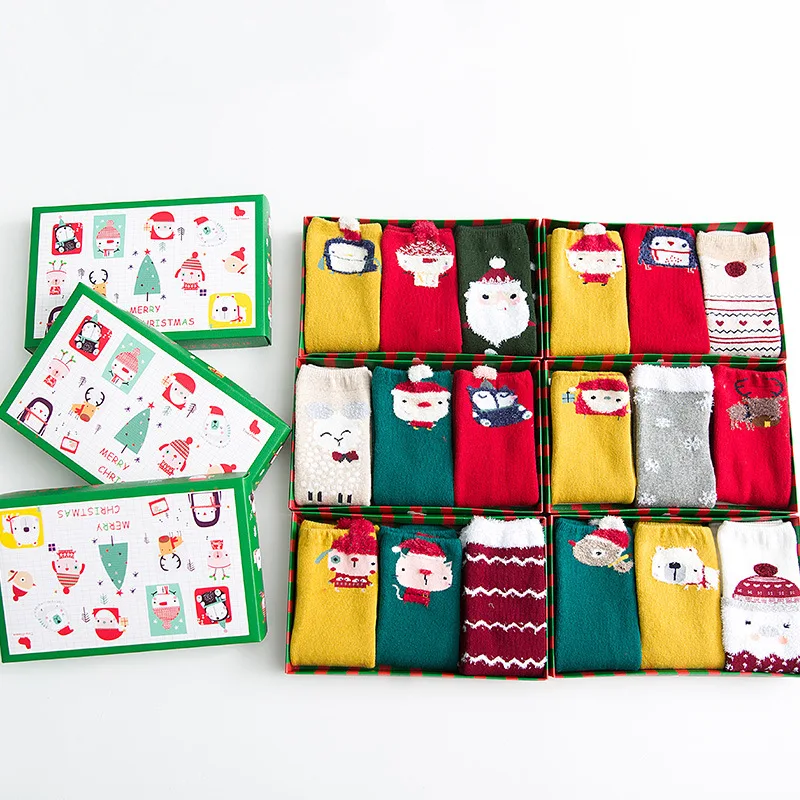 

Small Alpaca New Style Children Christmas Stockings Cotton Thick Looped Pile Infant Three Pairs Gift Box Holiday Baby Socks