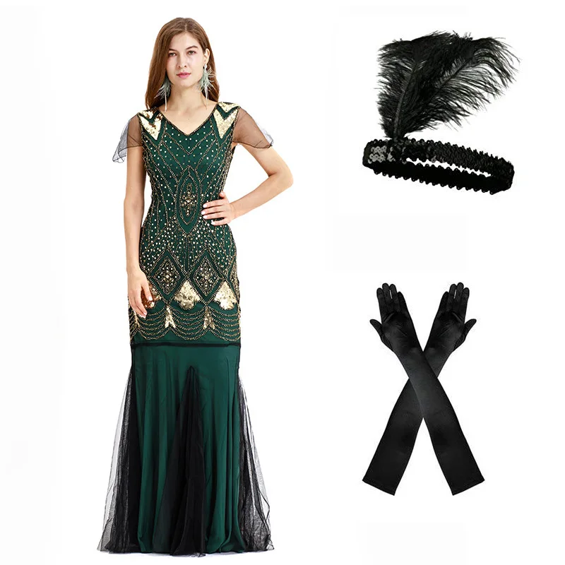 green set Женское вечернее платье 1920s Хлопушка Коктейльное Макси длинное Гэтсби Русалка размера плюс официальное платье с длинными перчатками и повязкой на голову(красный, золотой - Цвет: green set