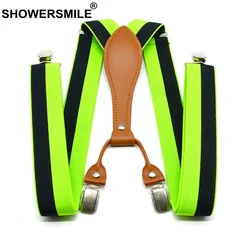 SHOWERSMILE Stripe Suspenders Men Fashion Green Trouser Belts 3.5cm Elastic Pants Straps 4 Clips Suspenders Male Yellow Red Blue