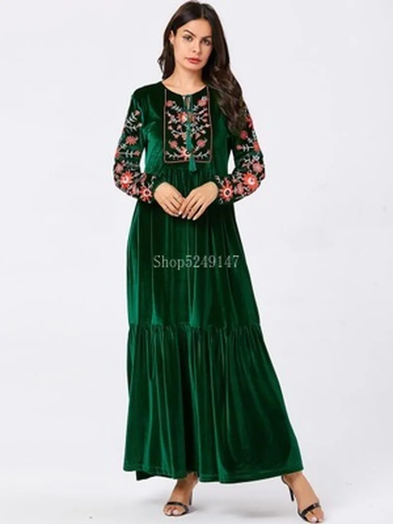 Abaya/арабское платье с цветочным рисунком; кафтан в Дубае; сезон весна-зима-осень; теплое темно-синее Повседневное платье с вышивкой; большие размеры