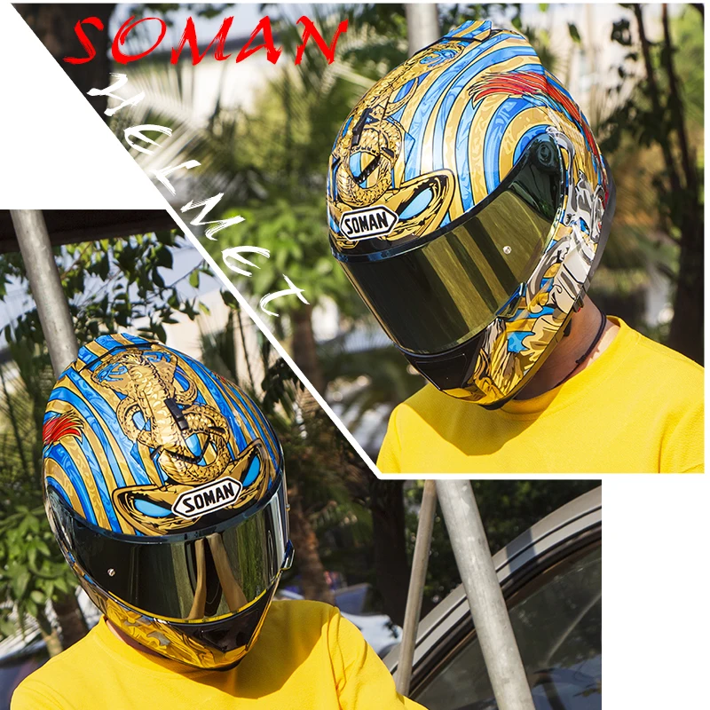 SOMAN 961 ECE уличный шлем, Змеиный мотоциклетный шлем с золотым козырьком, Полнолицевая емкость, моторный велосипед, двойные козырьки, Casco DOT