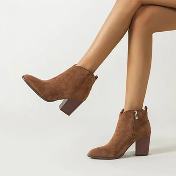 

2020 Autumn Faux Suede Ankle Boots Women High Heel Side zipper High top Stacked Block Heel Short Western Cowboy Booties Shoes