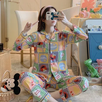 

Autumn Spring Printing Pattern Women Pajama Set Rayon Sleepwear Long Sleeve Trousers Two Paper Suit