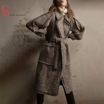 

DOUBLE STRAWBERRY Temperament Woolen Coat Women Winter New Fashion Over-the-knee Slim Gray Tweed Long Wool Coat