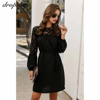 

Dropship Hollow Out Long Sleeve Dress For Women Casual Elegant Summer Mini Dresses Lace Mesh Pathwork Ladies Dresses Mini