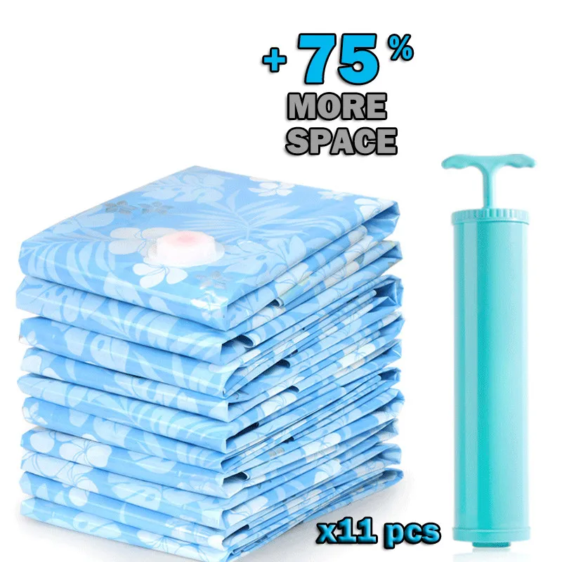 11PCS Thickened Vacuum Storage Bag For Cloth Compressed Bag with Hand Pump Reusable Blanket Clothes Quilt Organizer