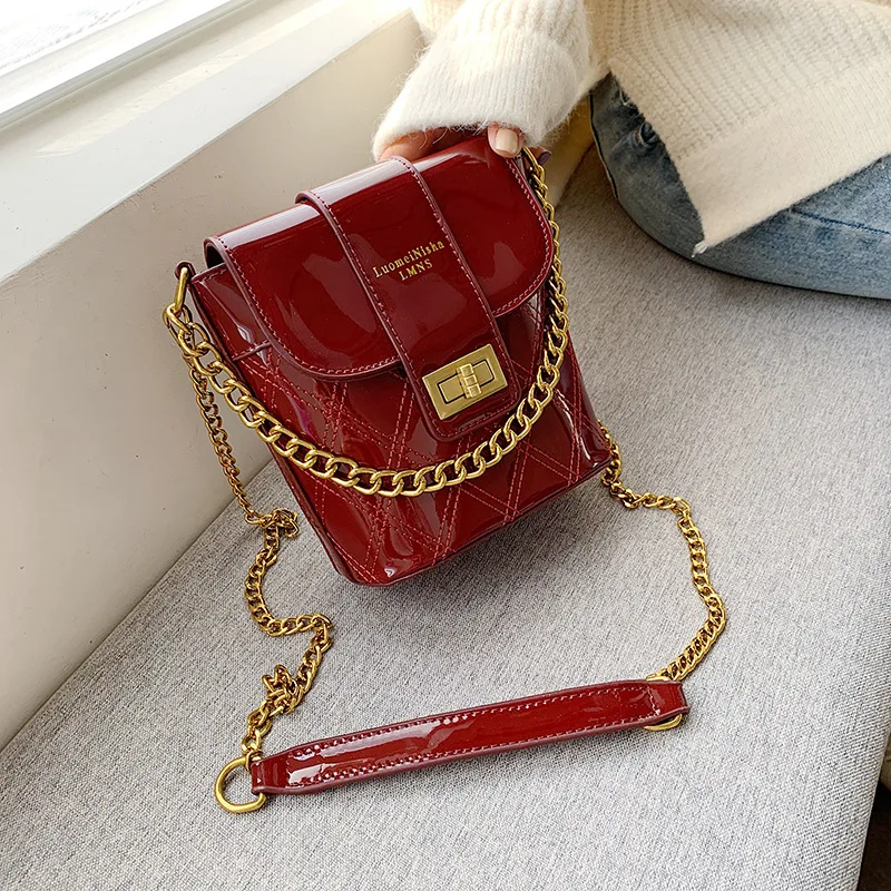 

Textured Bag Women's 2020 New Style Korean-style Versitile Fashion Patent Leather Shoulder Bag Women's Rhombus Chain Shoulder Bu