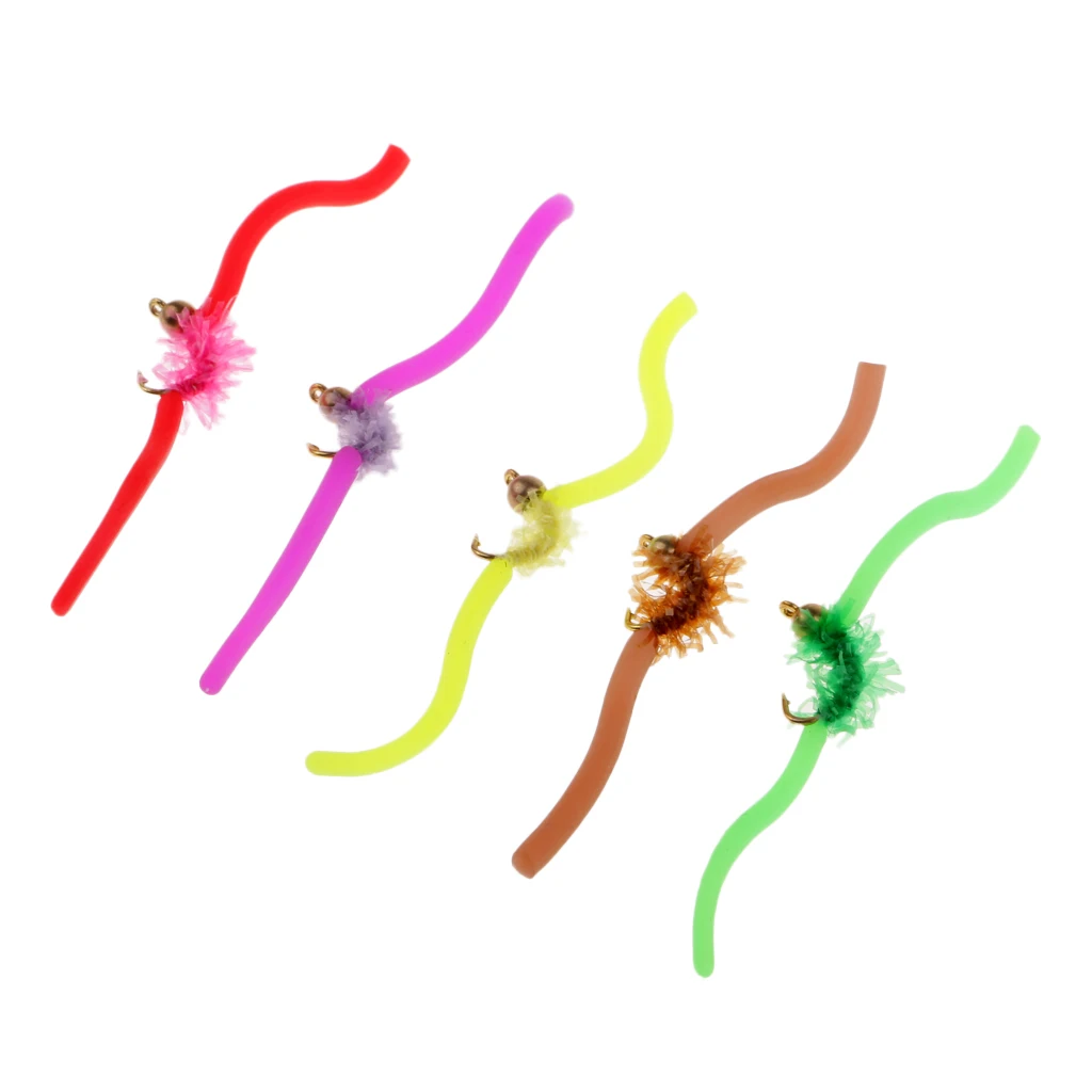 5pcs Beadhead Squirmy Wormy Wormie San Juan Worm Fly Fishing Flies 10 Colors