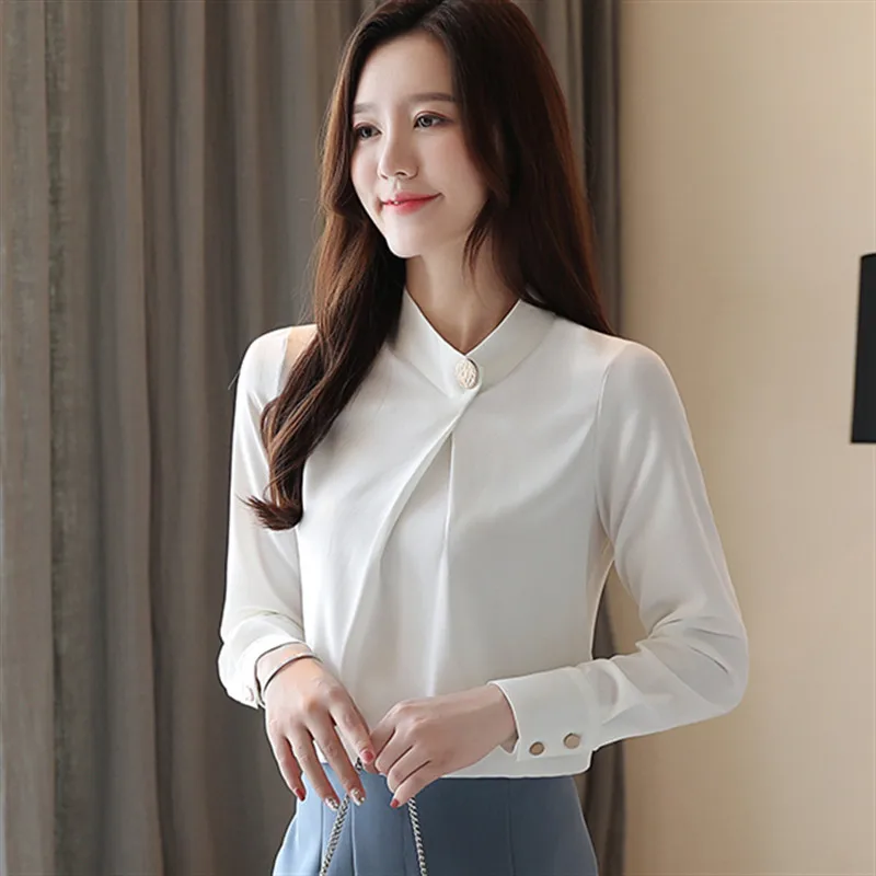 

2019 New Fashion Autumn Women Blouses And Tops Long Sleeve Stand Chiffon Solid Color Button Shirts Casual Office Ladies Blusas