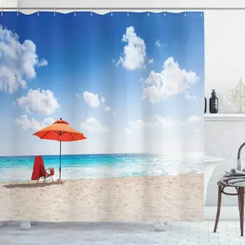 

Coastal Decor Collection, Sea Panorama with Blue Sky Clouds Paradise Shore Clear Water Picture, Polyester Fabric Bathroom Shower