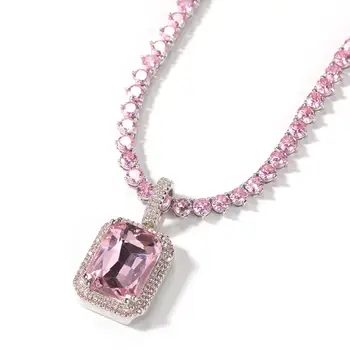 

Iced Out Pendant Necklace Faux Micro Onyx Clear Stone with tennis CZ Chain Necklace for men women Hip Hop Pendant jewelry