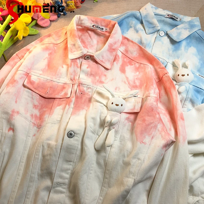 Tops vaqueros cortos Ins para camisas vaqueras con cuello vuelto, sueltas, conejo, para parejas, corbata rosa, novedad de Otoño de 2021|Camisa| AliExpress