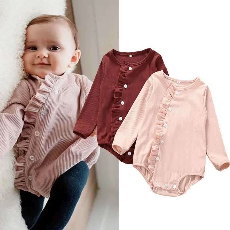 

0-18 Months Newborn Baby Girls Romper Long Sleeve Button Down Ruffle Solid Knitted Cotton Romper Jumpsuit Autumn Outfits