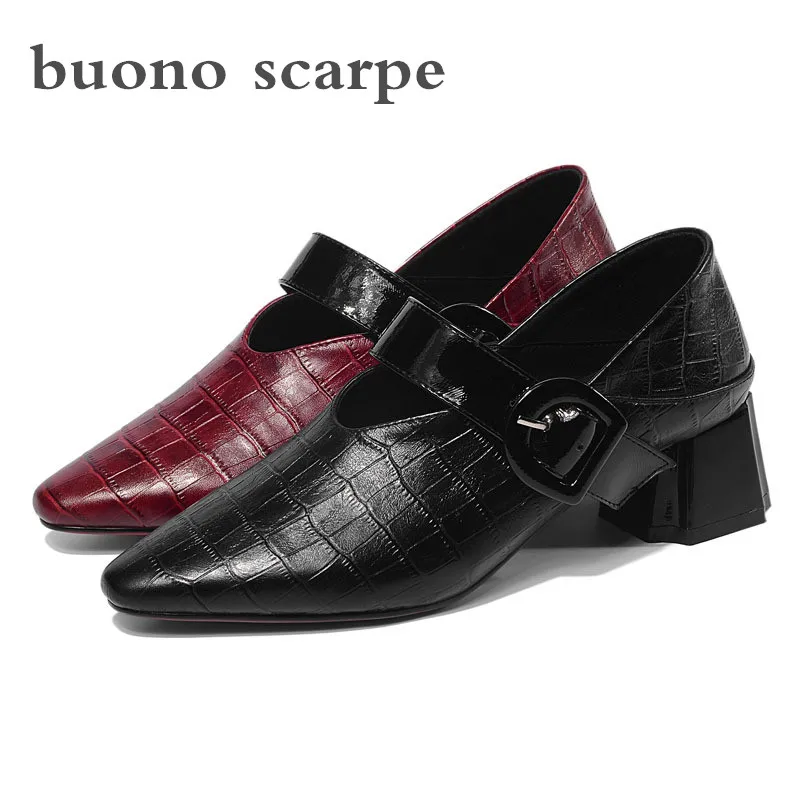 

2019 autumn new full leather female buckle with fashion thick with leather pointed big size shoes