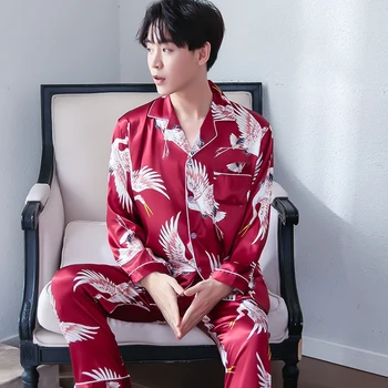 

2Pcs Men Emulation Silk Crane Print Pajamas Set Sleepwear Long Sleeve Nightwear Silk Long-sleeved Trousers 2 Piece Set Pajamas