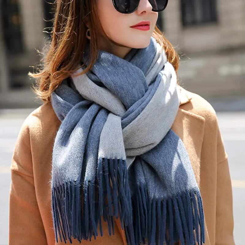 Зима шерстяной шарф для женщин кисточки многофункциональные шерстяные шали и обертывания женские толстые теплые модные шарфы из чистой шерсти синий - Цвет: Color 3