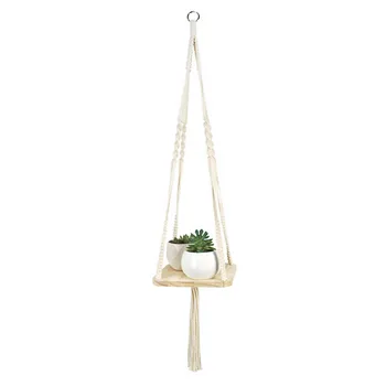 

Behogar Boho Macrame Plant Hanger Cotton Rope Hanging Basket Flower Pot with Wood Shelf Holder for Indoor Outdoor Home Decor