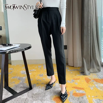 

TWOTWINSTYLE Casual Autumn Pleated Trousers For Women High Waist Ankle Length Harem Pants Female Fashion 2020 Clothing Tide