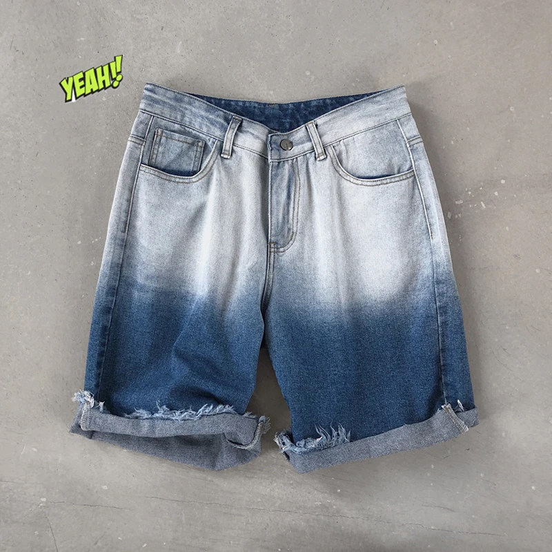 

Tear Retro Denim Shorts Men's Fashion Washed Contrast Casual Short Men Streetwear Wild Loose Hip Hop Denim Shorts Mens M-5XL