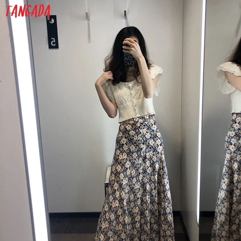 Tangada women floral print A-line skirt faldas mujer vintage side zipper office ladies elegant chic skirts 3L68