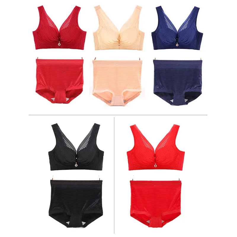 Plus Size Sexy Seamless Women's Bra Briefs Set Lingerie Set High Waist Panties Push Up Brassiere C D E Cup Wireless Bralette