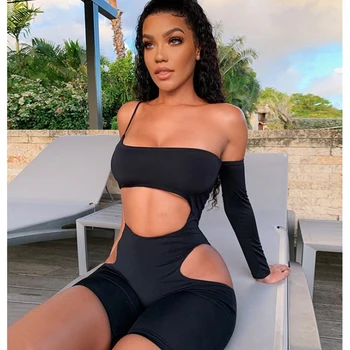 

Women's Sexy Jumpsuit Solid Color One Shoulder Off Long Sleeve Hollow Design Slim Wild Fashion Bodysuit Jumpsuit Romper /BY