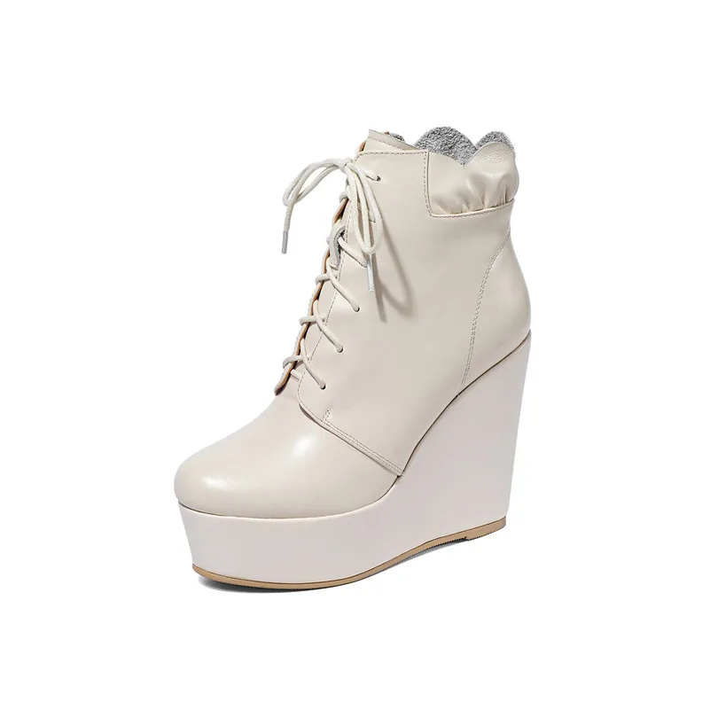 Beige Synthetic Lini ANNYMOLI/зимние женские ботильоны из натуральной кожи на платформе; Полусапоги на танкетке; обувь на очень высоком каблуке со шнуровкой; женская обувь; Размер 39 - Цвет: Beige Synthetic Lini