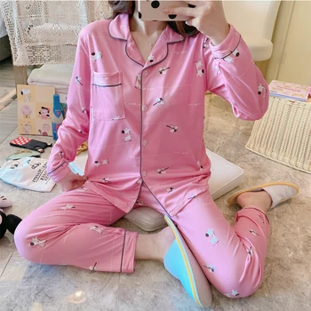 

Women's pajamas milk silk suit long sleeve cardigan printed cartoon shirt jacket trousers suit pajamas home clothes pajamas