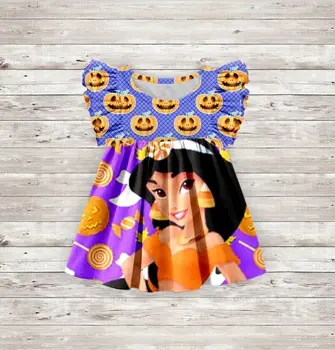 

New design baby halloween pattern girls ruffle pearl sleeve dresses