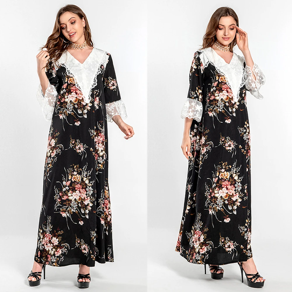 MD Abayas For Women Dubai Turkish Lace Patchwork Floral Print Boho