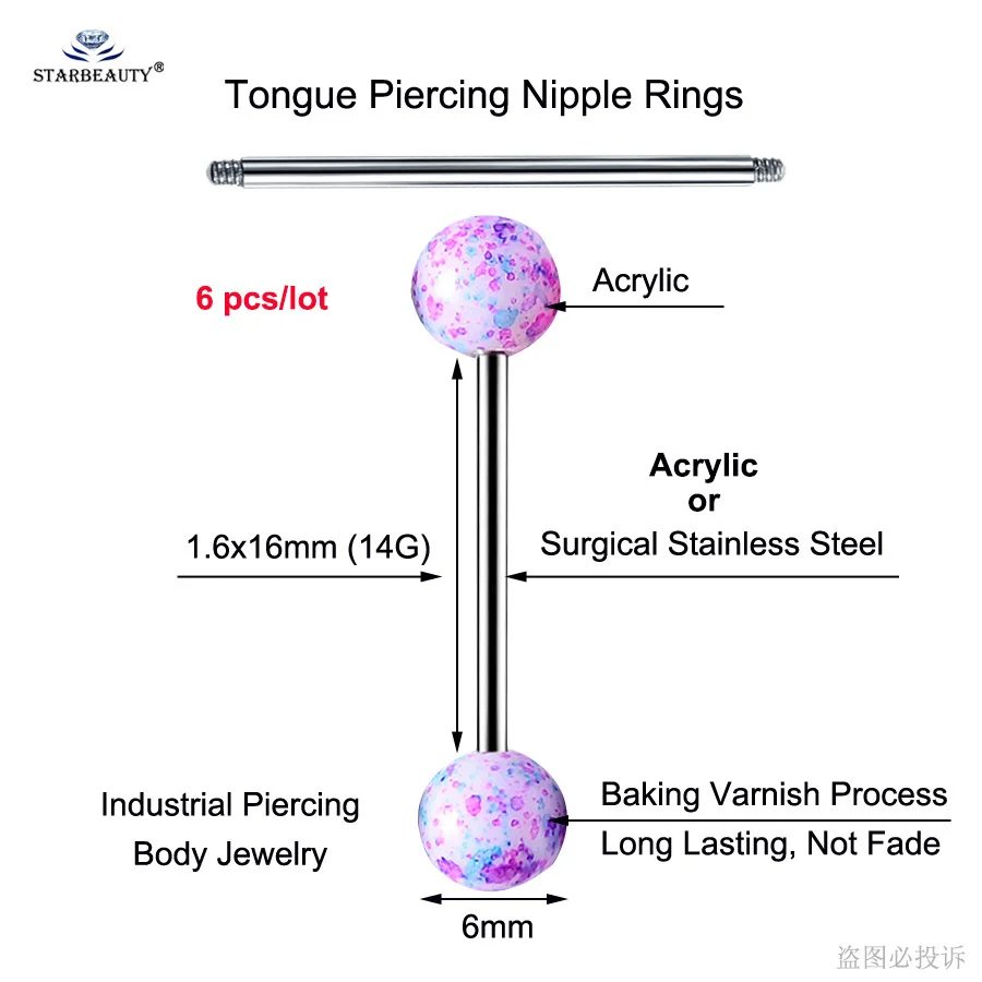 6 шт./лот 14 г крутое акриловое кольцо в язык langue кольцо для соска язык из нержавеющей стали кольца спиральные украшения для пирсинга ювелирные изделия для тела