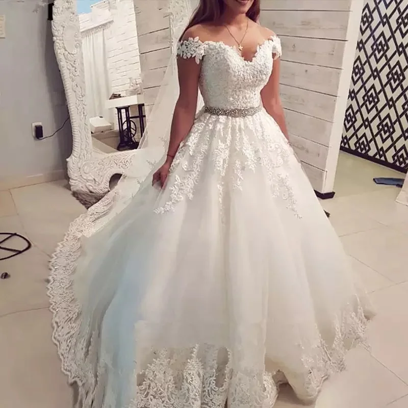 

VENSANAC Sweetheart Lace Ball Gown Wedding Dresses Vintage Appliques Short Cap Sleeve Crystal Sash Bridal Gowns