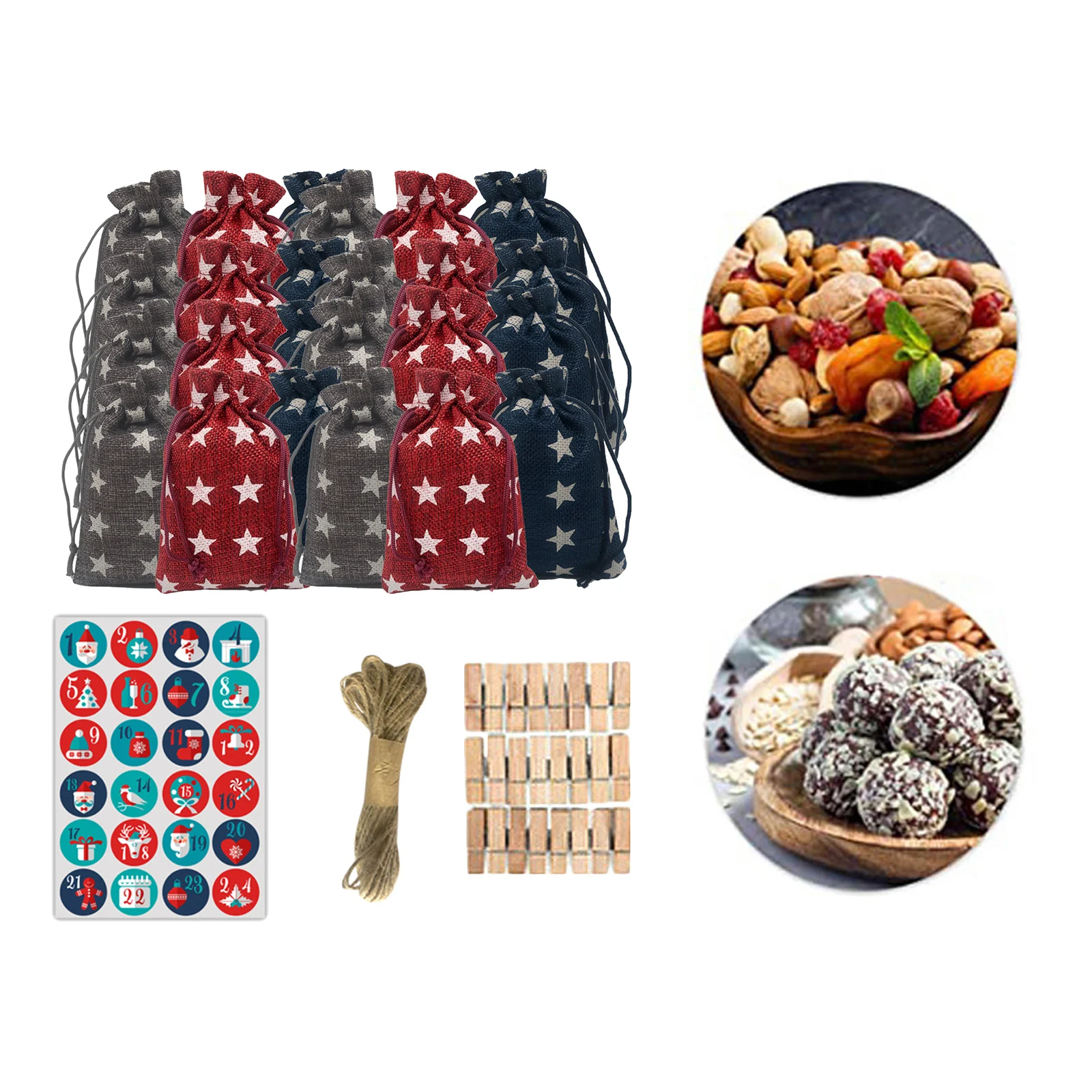 24 Pieces Stars Christmas Advent Days Burlap Hanging Countdown Candy Gift Bags Durable and Reusable | Дом и сад