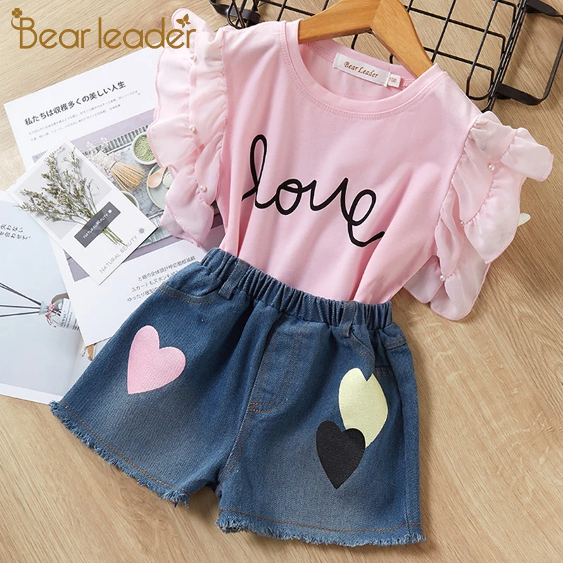 Bear leader/комплекты одежды для девочек г. Новая Летняя короткая футболка+ штаны с принтом «любовь» комплекты одежды для детей из 2 предметов одежда для малышей