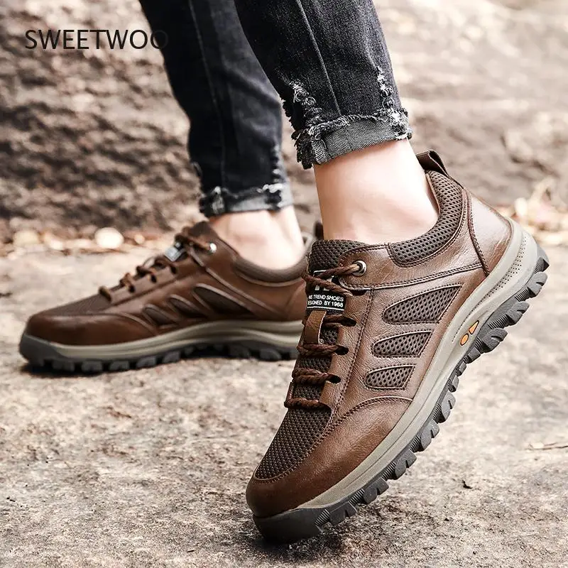Big size 38-48 Hiking Shoes for Men Outdoor Sports Camping Shoe Tactical Sneakers Mesh Genuine Leather Breathable Non-slip