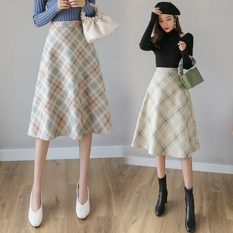 

Autumn Winter Elegant Women Plaid Woolen skirts Vintage High Waist Retro Female A-Line Office lady Midi skirt Ka1233