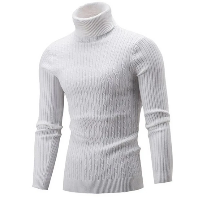 Casual Men Sweater Solid Color Turtleneck Knitted Sweater Men Slim Knitwear Knitted Jumpers Pullovers Men Sweater Pull Homme White