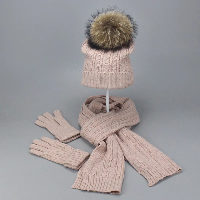 Real Fur Pompom Winter Knitted Hats For Women Hat Scarf Glove Set 3 Piece Sets Twist stripes Cap Gorros Bonnet Beanie Skullies - Цвет: Pink