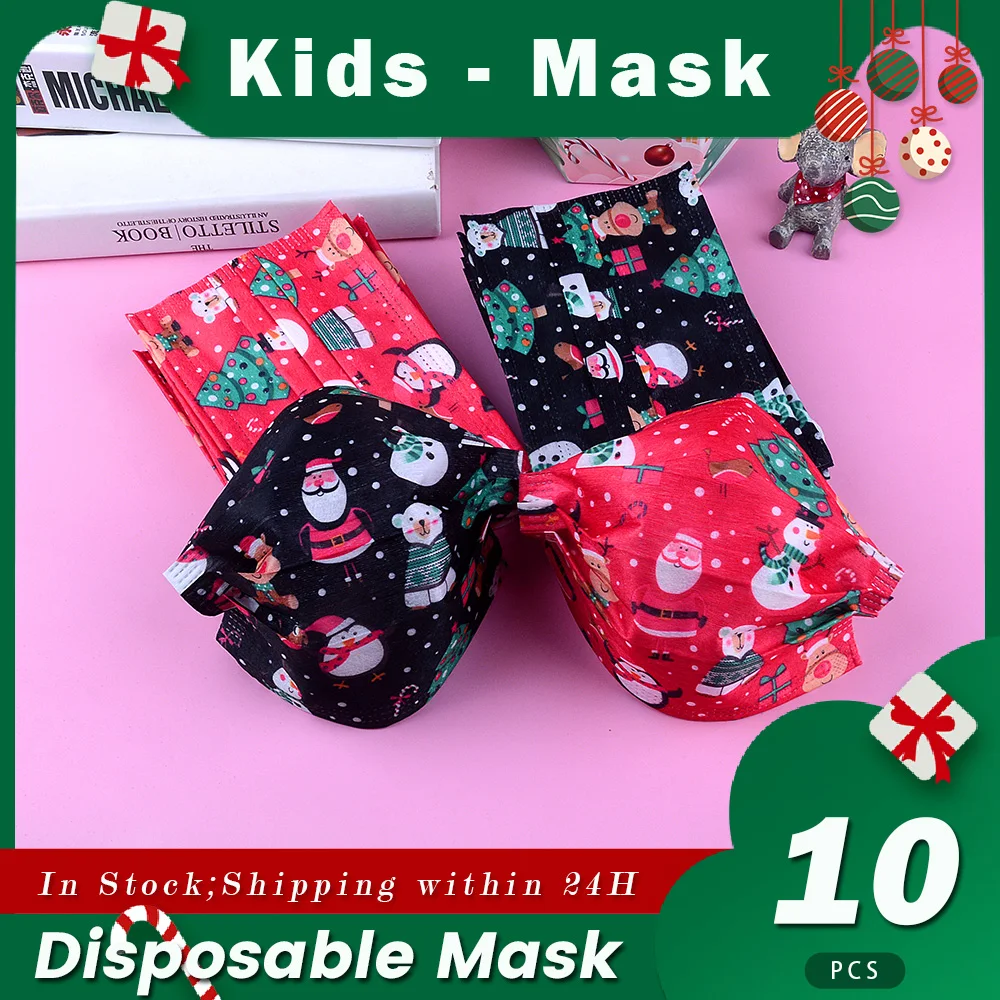 

10-100pcs Children Christmas Mask Mascarillas Disposable Face Mask 3 ply Breathable Navidad Halloween Cosplay Unisex Kids Masque