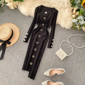 

Casual Chic Women Knitted Long Dress Slim Irregular Big Buttons Decorated Elastic Knitted Cotton Dress