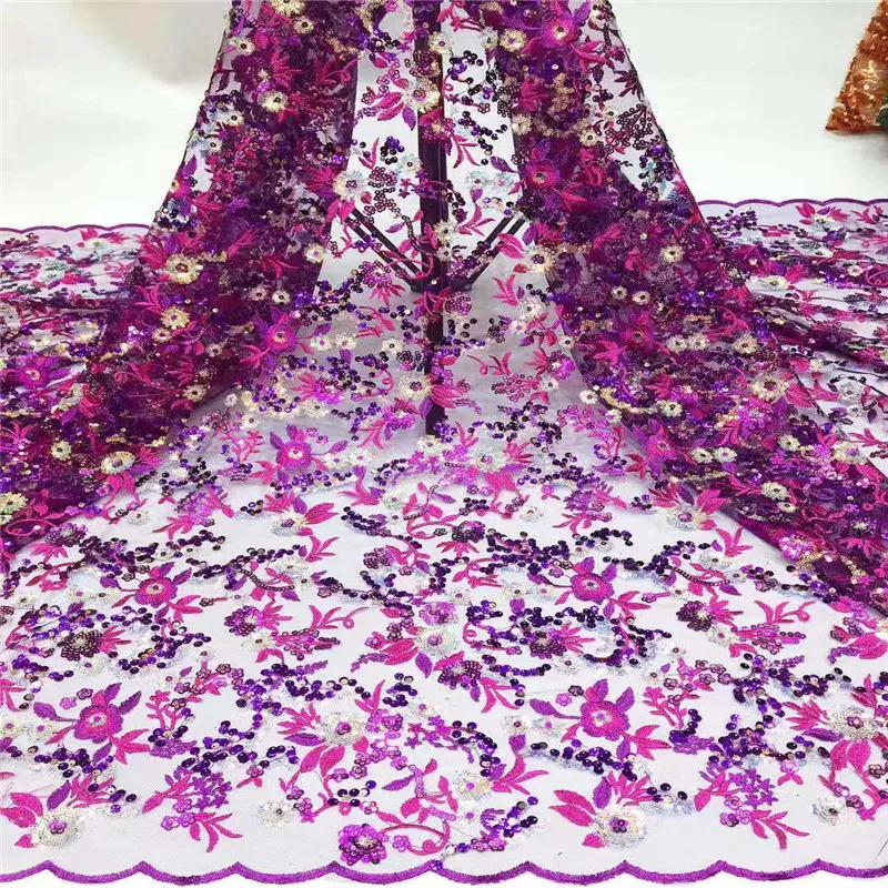 

African French Mesh Lace Fabric in Rose Red High Quality Embroidery 3D Sequins Tulle Lace Fabric Material 5 Yards / Pieces