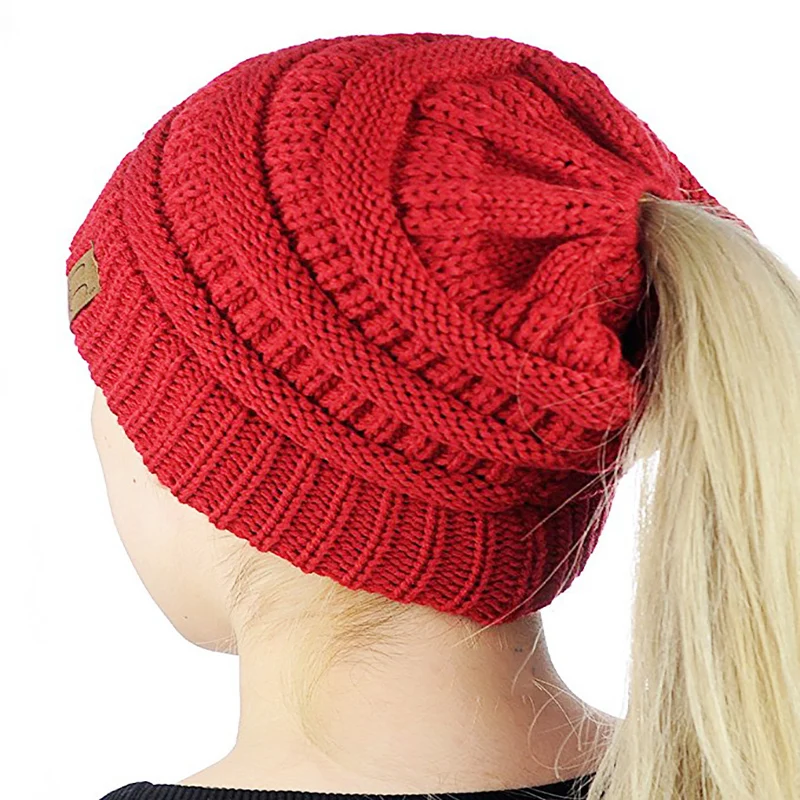 Women Ponytail Hat Skull Stretch Knitted Crochet Beanie Tail Messy Soft Winter Hats For Women Cap  Warm Lady Messy Bun Hats