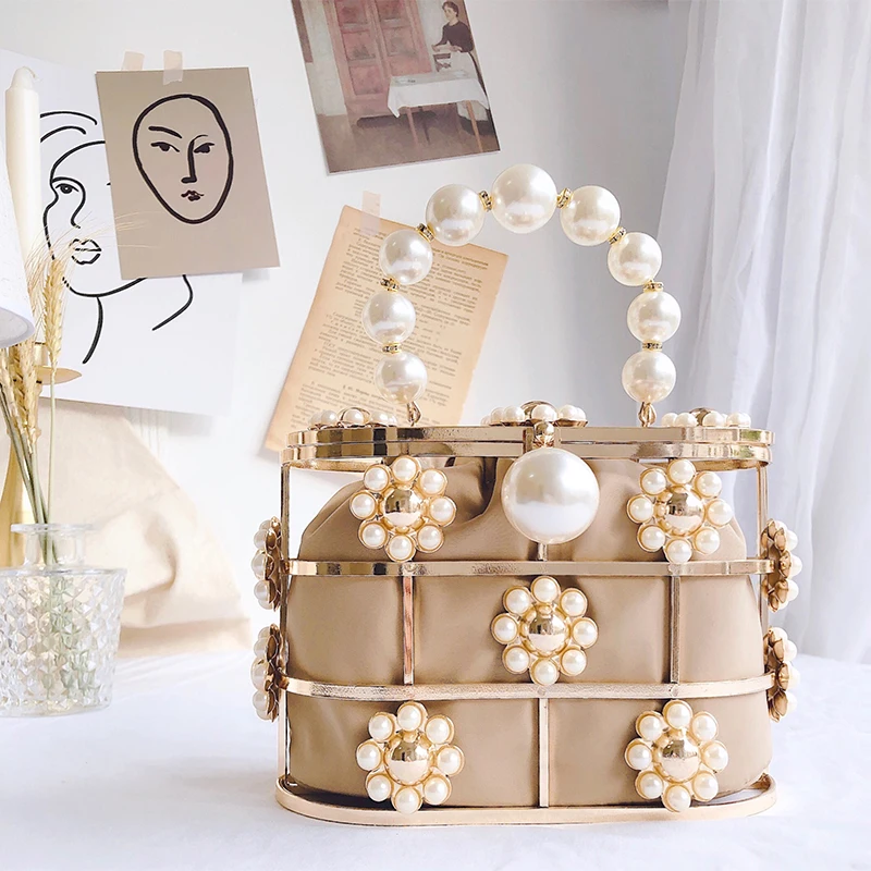 Women Evening Clutch Bag Pearl Basket Hollow Out Flowers Beaded Metallic