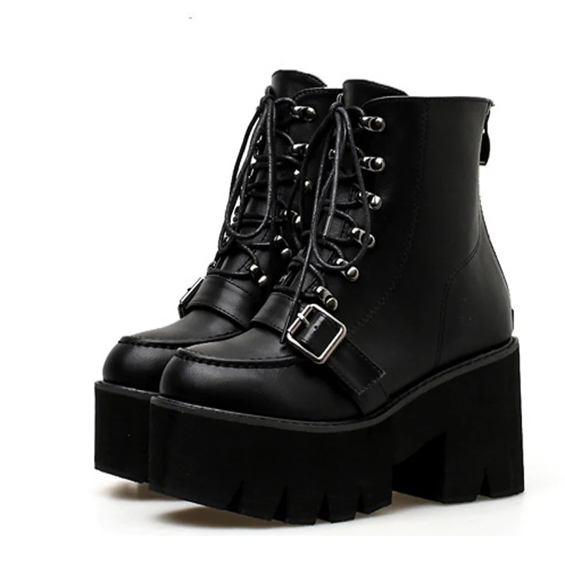 Boussac/ботинки на платформе со шнуровкой и перекрестными завязками женские черные ботинки с круглым носком женские Ботинки martin на высоком каблуке зимние женские ботинки 279 - Цвет: black